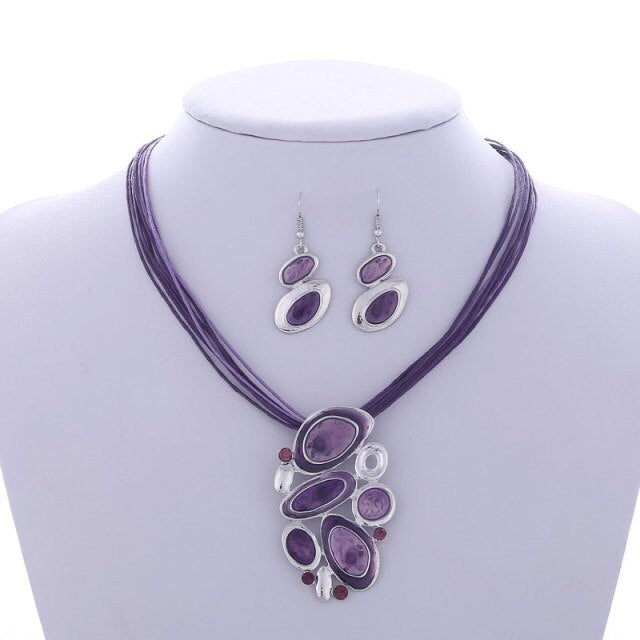 Blue Multi Layers  Oil Drip Necklace Earring Set