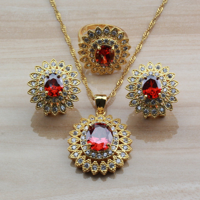 Red Garnet Zircon Clip Earring And Necklace Bridal Sets