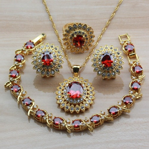 Red Garnet Zircon Clip Earring And Necklace Bridal Sets