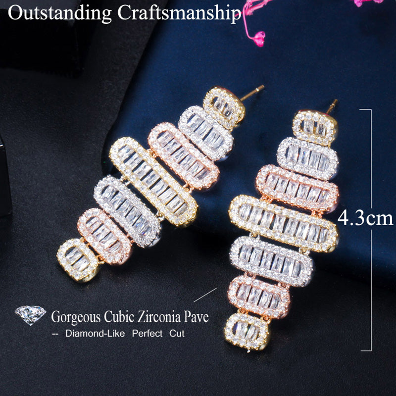 Popular Luxury 3 Tone Gold Long Geometry CZ Zircon Dangle Earrings