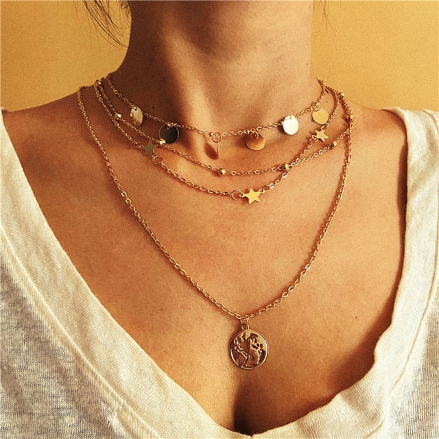Fashion Gold Moon Star Coin Necklace