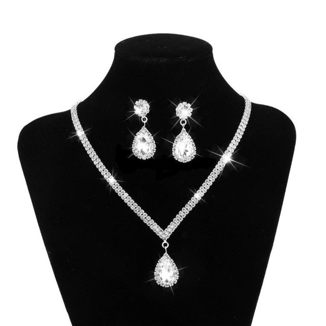 Water Drop Rhinestone Long Pendant Full Crystal Silver Jewelry Set