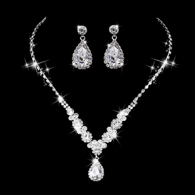 Water Drop Rhinestone Long Pendant Full Crystal Silver Jewelry Set