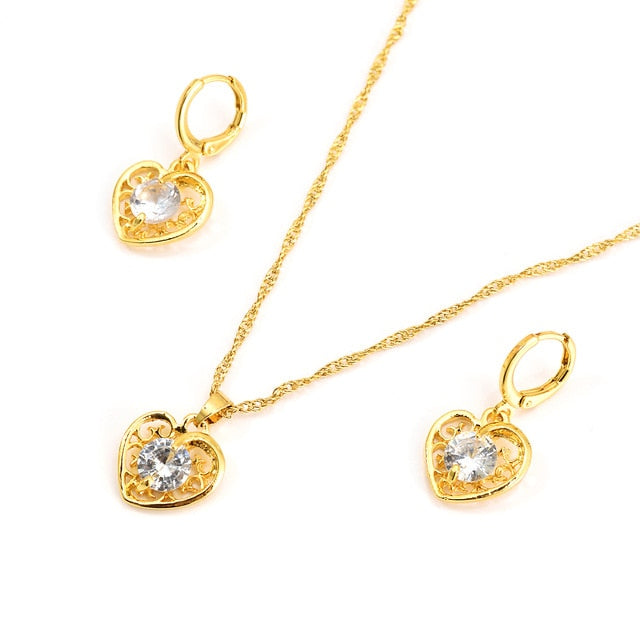Heart White Blue Green Cubic Zircon Earring Necklace chain Jewelry Sets