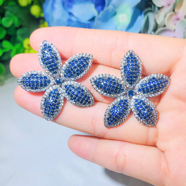 New Micro Pave Bule Rose Red Cubic Zirconia Big Flower Ladies Earrings