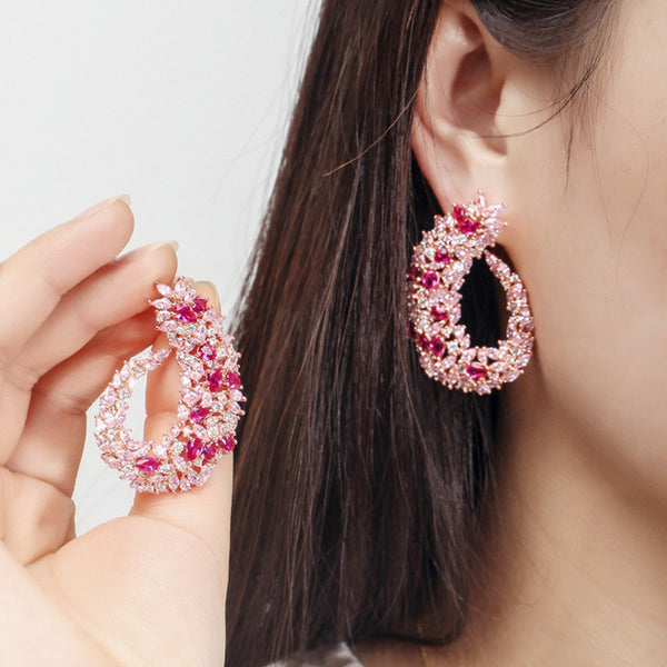 Perfect Rose Gold Multi Colored Cubic Zirconia Luxury Big Bridal Wedding Party Earrings