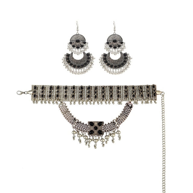 Afghan Silver Color Coin Tassel Bib Statement Necklace & Earring Sets