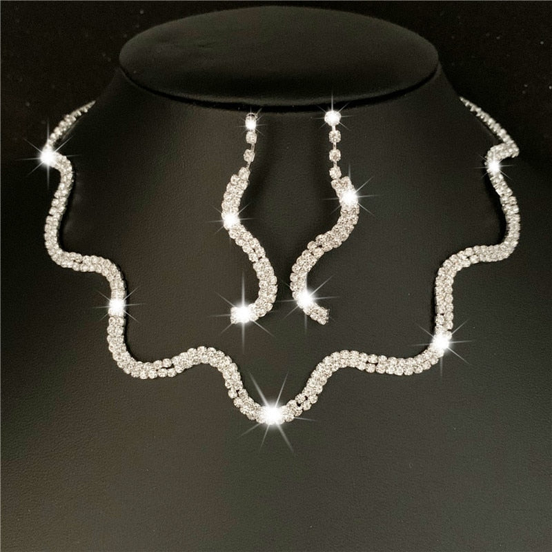 Silver Plated Rhinestone Crystal Necklace Earrings Jewerlry Set