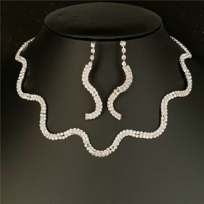 Silver Plated Rhinestone Crystal Necklace Earrings Jewerlry Set