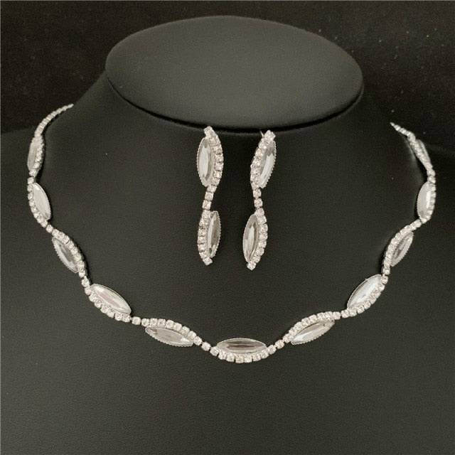Silver Plated Rhinestone Crystal Necklace Earrings Jewerlry Set