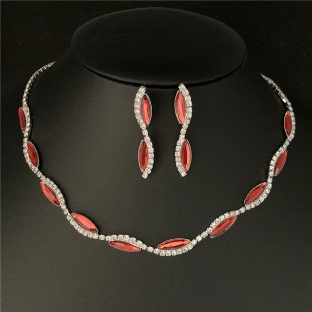 Silver Plated Rhinestone Crystal Necklace Earrings Jewerlry Set
