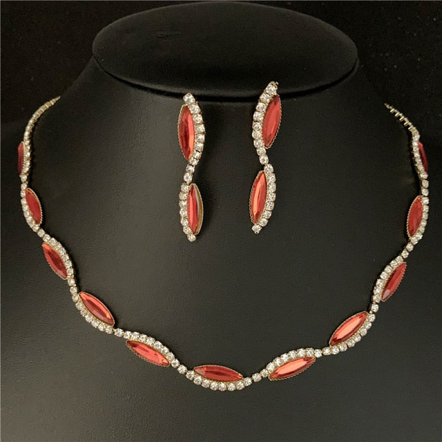 Silver Plated Rhinestone Crystal Necklace Earrings Jewerlry Set