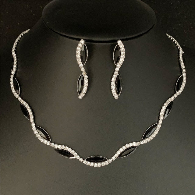 Silver Plated Rhinestone Crystal Necklace Earrings Jewerlry Set