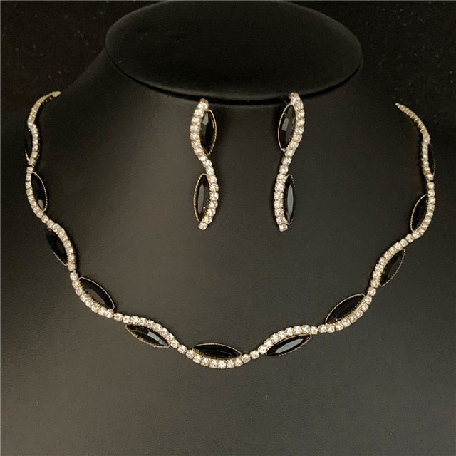 Silver Plated Rhinestone Crystal Necklace Earrings Jewerlry Set
