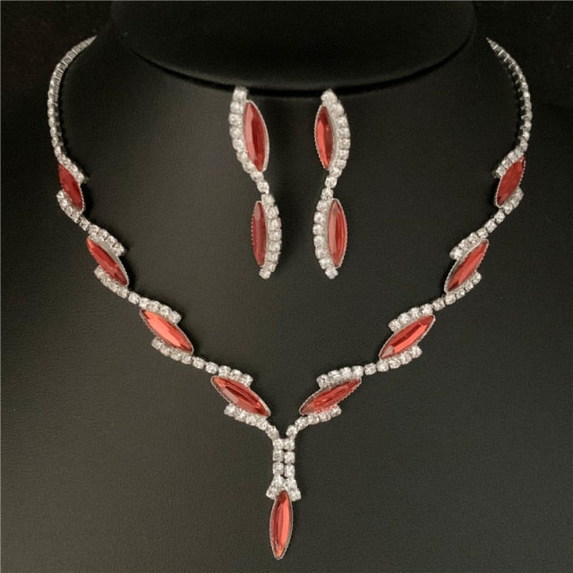 Silver Plated Rhinestone Crystal Necklace Earrings Jewerlry Set