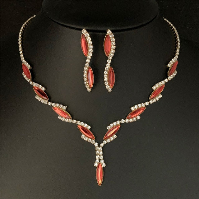 Silver Plated Rhinestone Crystal Necklace Earrings Jewerlry Set
