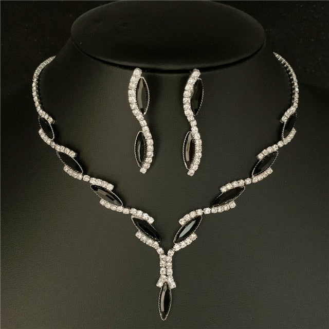 Silver Plated Rhinestone Crystal Necklace Earrings Jewerlry Set
