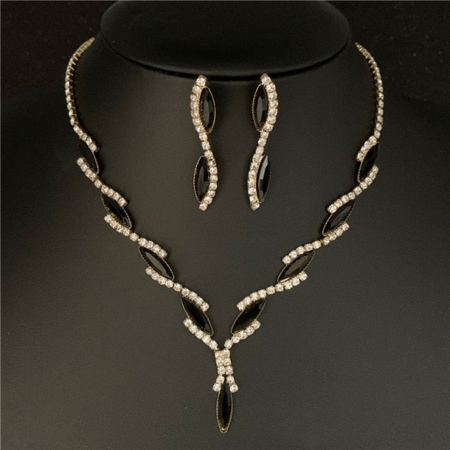 Silver Plated Rhinestone Crystal Necklace Earrings Jewerlry Set