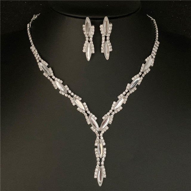 Silver Plated Rhinestone Crystal Necklace Earrings Jewerlry Set
