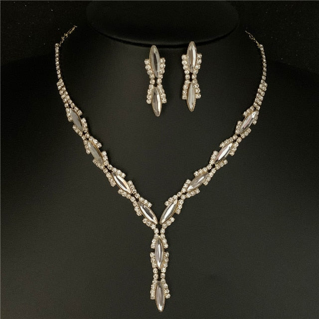 Silver Plated Rhinestone Crystal Necklace Earrings Jewerlry Set