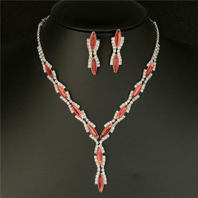 Silver Plated Rhinestone Crystal Necklace Earrings Jewerlry Set