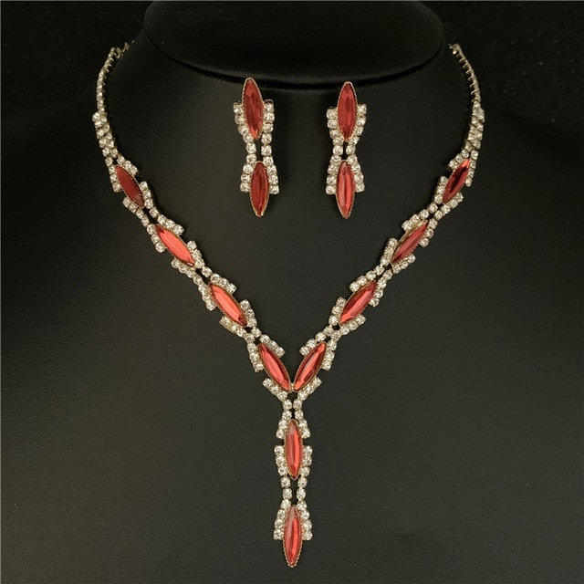 Silver Plated Rhinestone Crystal Necklace Earrings Jewerlry Set