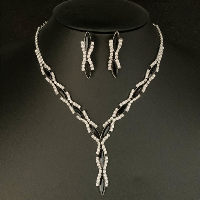 Silver Plated Rhinestone Crystal Necklace Earrings Jewerlry Set