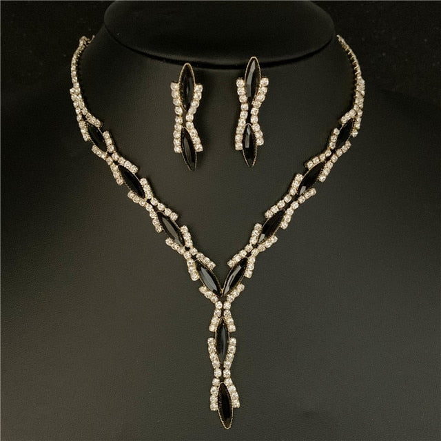Silver Plated Rhinestone Crystal Necklace Earrings Jewerlry Set