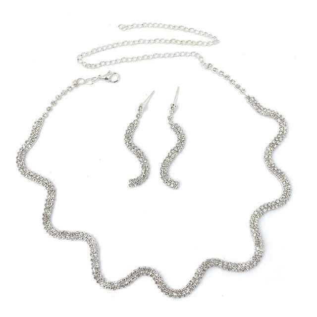 Silver Plated Rhinestone Crystal Necklace Earrings Jewerlry Set
