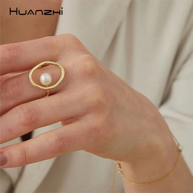 Big Imitation Pearls  Gold Color Metal Hollow  Rings