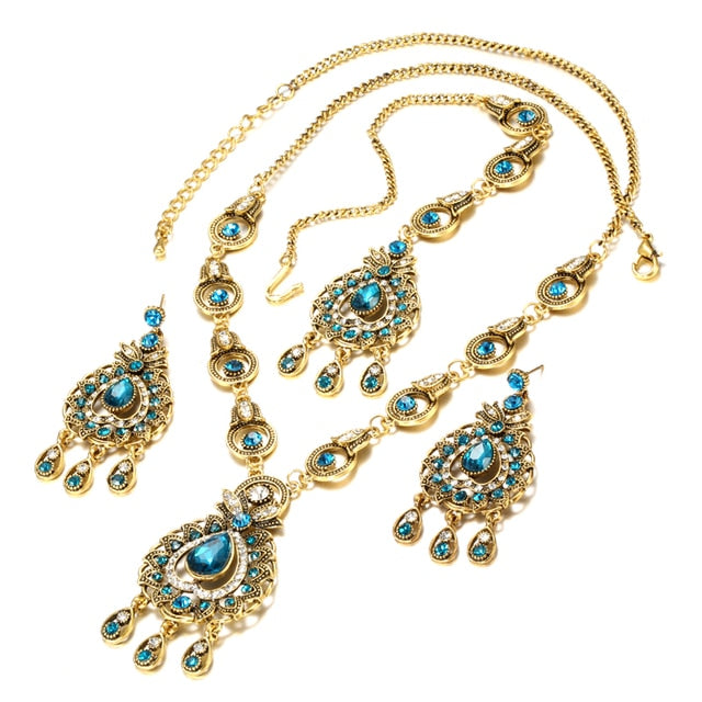 Gold-Color Mosaic  Blue Crystal Vintage Look Jewelry Sets