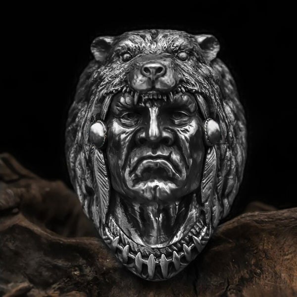 Anillo de motociclista de guerrero indio vintage, moderno y moderno, de acero inoxidable 316L, con cabeza de lobo.