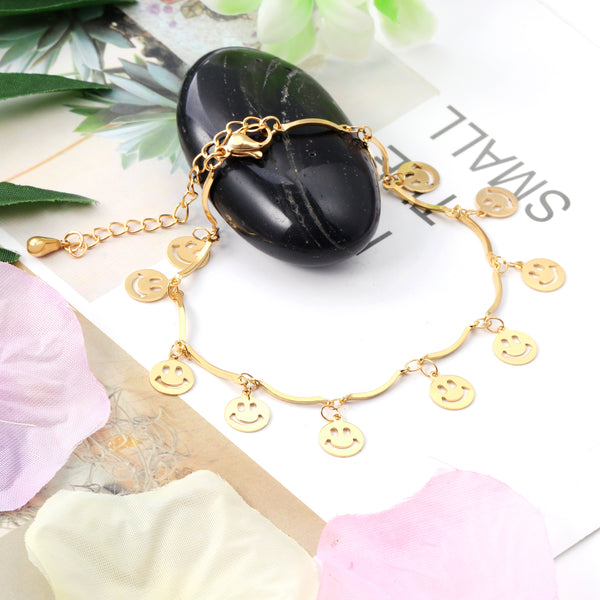 Tobilleras de cadena de acero inoxidable con cara sonriente de estilo lindo para mujer