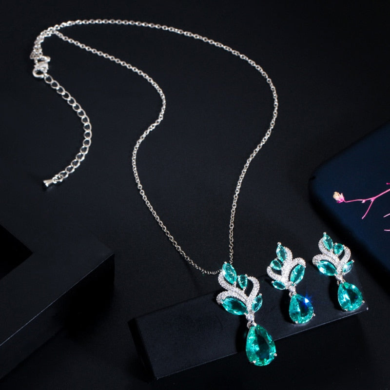 Blue Leaf Necklace Water Drop Earrings Jewelry Sets