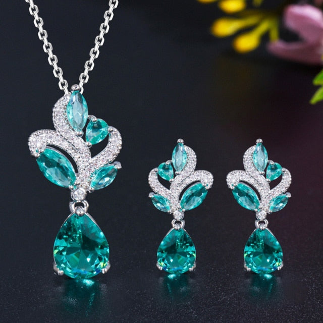 Blue Leaf Necklace Water Drop Earrings Jewelry Sets