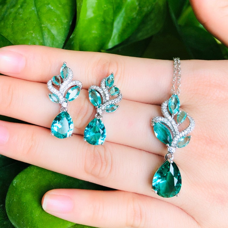 Blue Leaf Necklace Water Drop Earrings Jewelry Sets