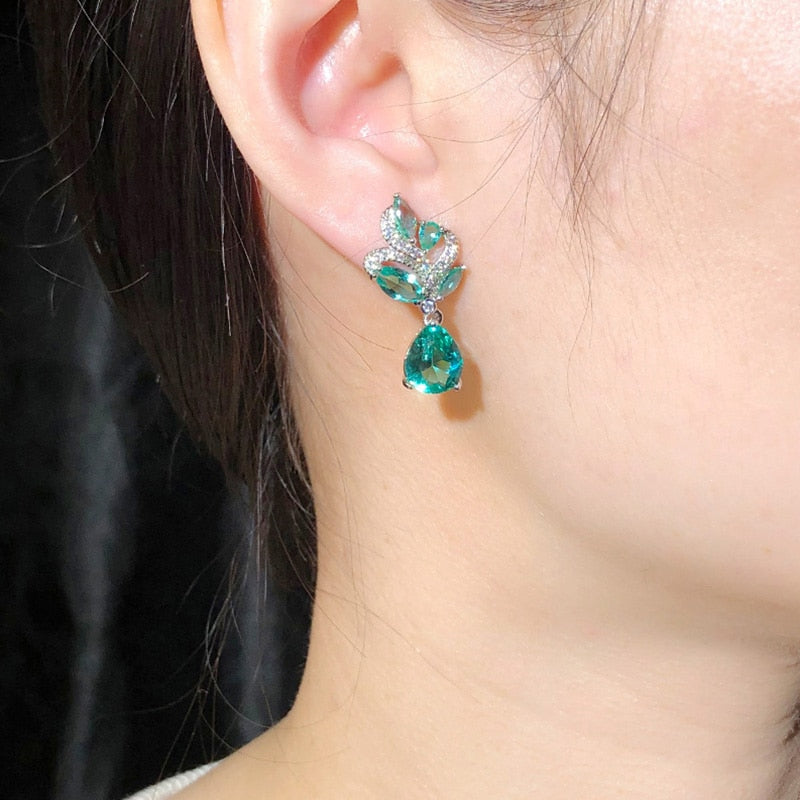 Blue Leaf Necklace Water Drop Earrings Jewelry Sets
