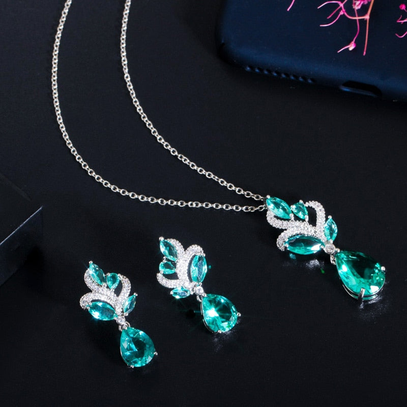 Blue Leaf Necklace Water Drop Earrings Jewelry Sets