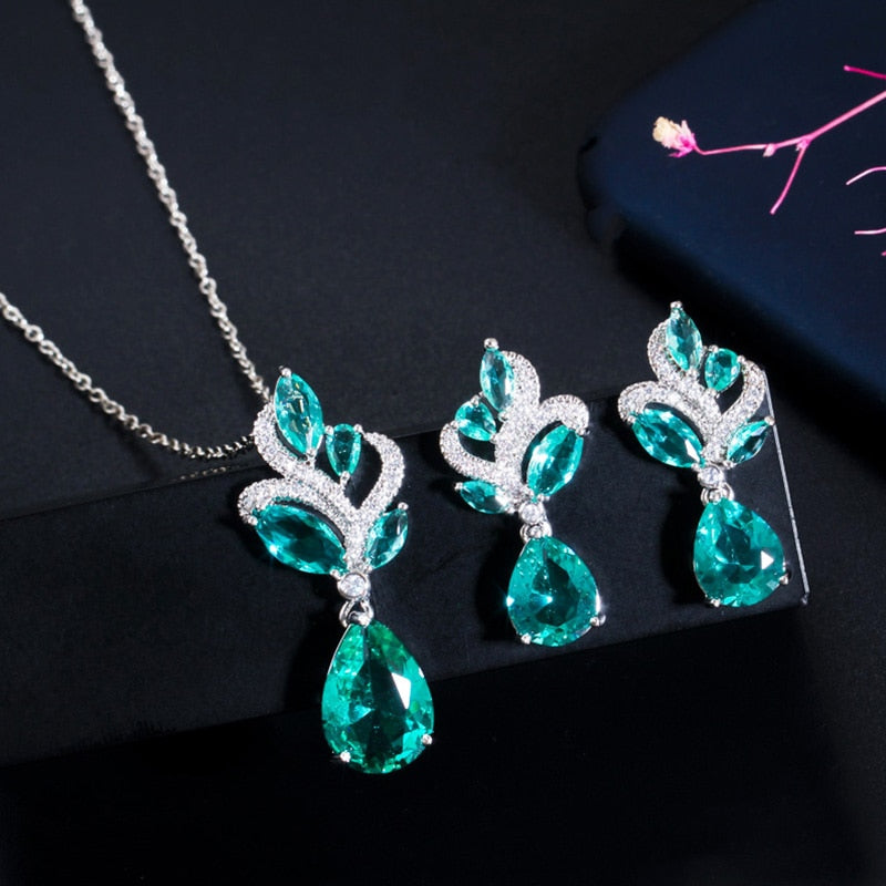 Blue Leaf Necklace Water Drop Earrings Jewelry Sets