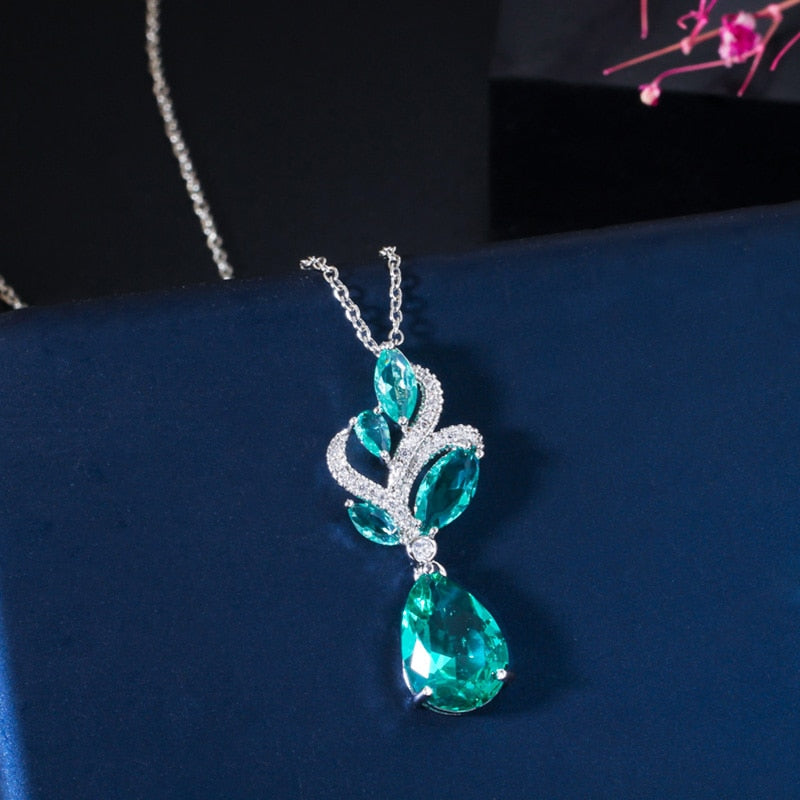 Blue Leaf Necklace Water Drop Earrings Jewelry Sets