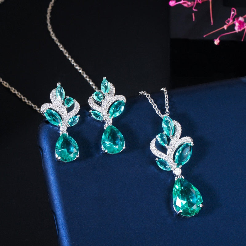 Blue Leaf Necklace Water Drop Earrings Jewelry Sets