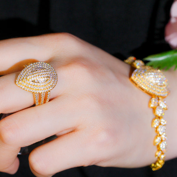 Conjunto de pulsera y anillo con gota de agua grande