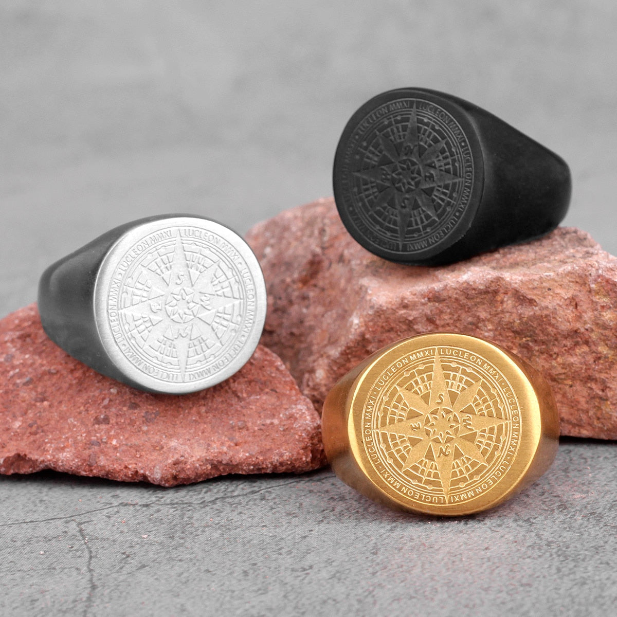 Compass World Map Gold Black Men Rings