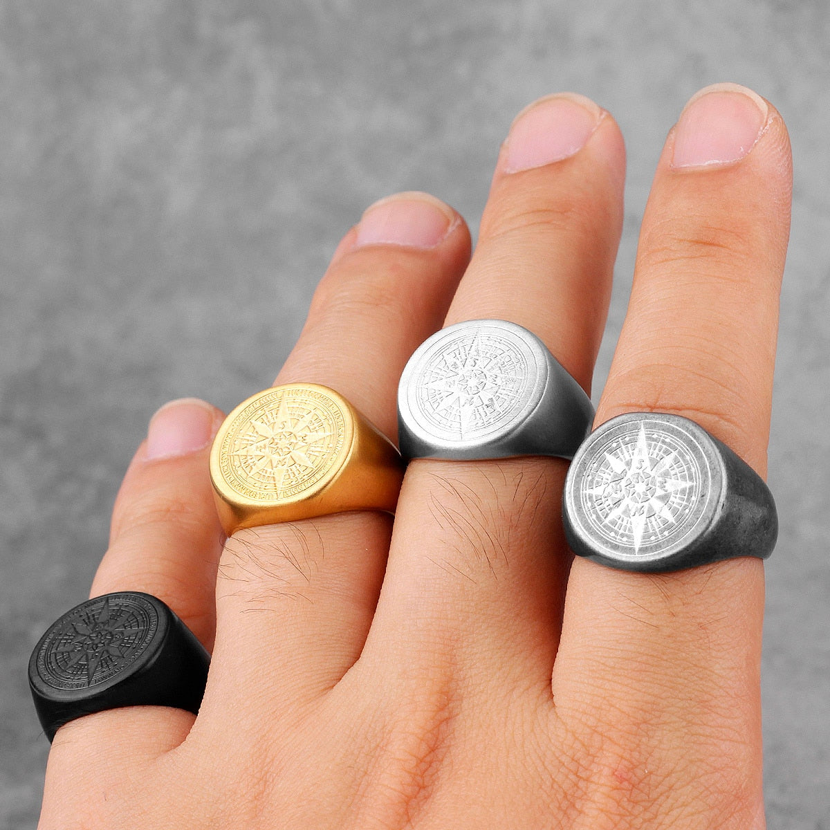 Compass World Map Gold Black Men Rings