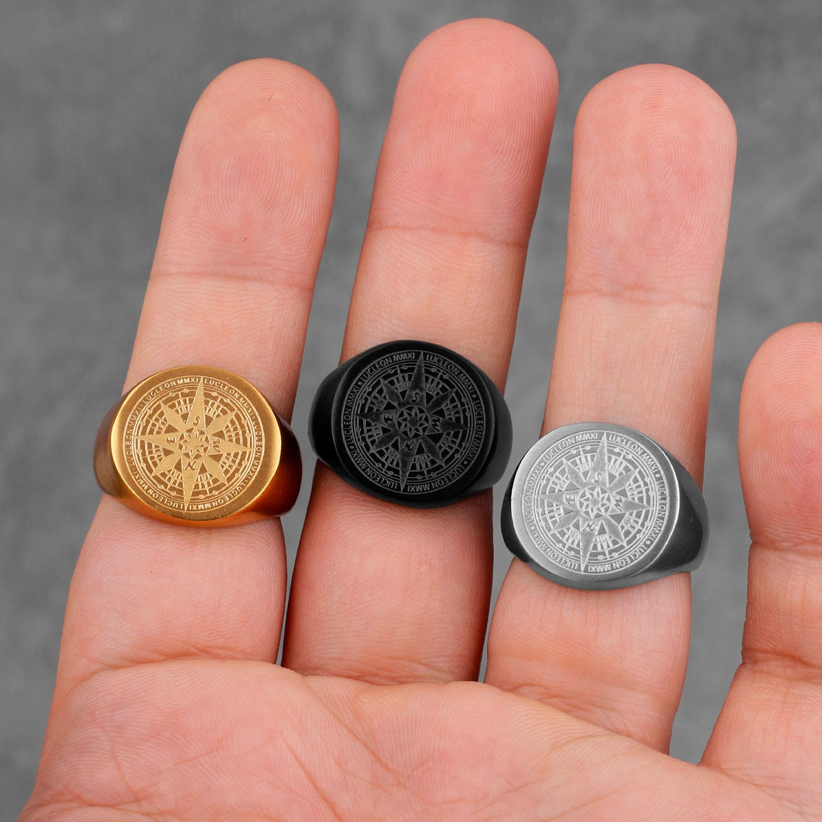 Compass World Map Gold Black Men Rings