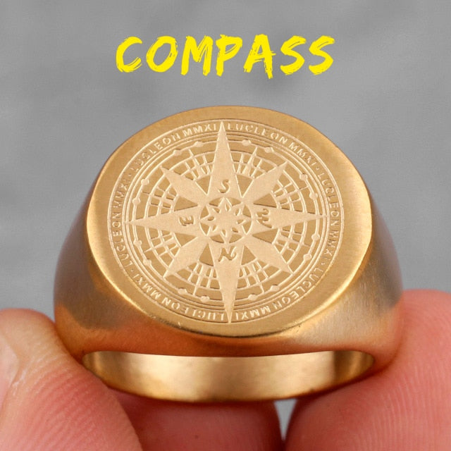 Compass World Map Gold Black Men Rings