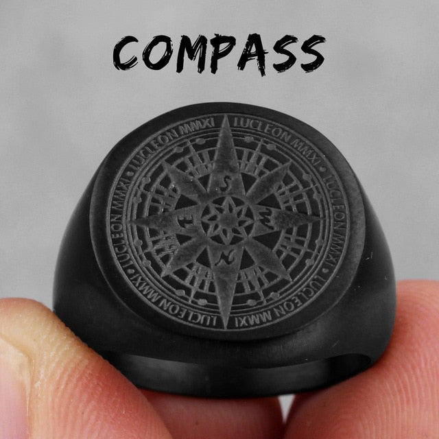 Compass World Map Gold Black Men Rings