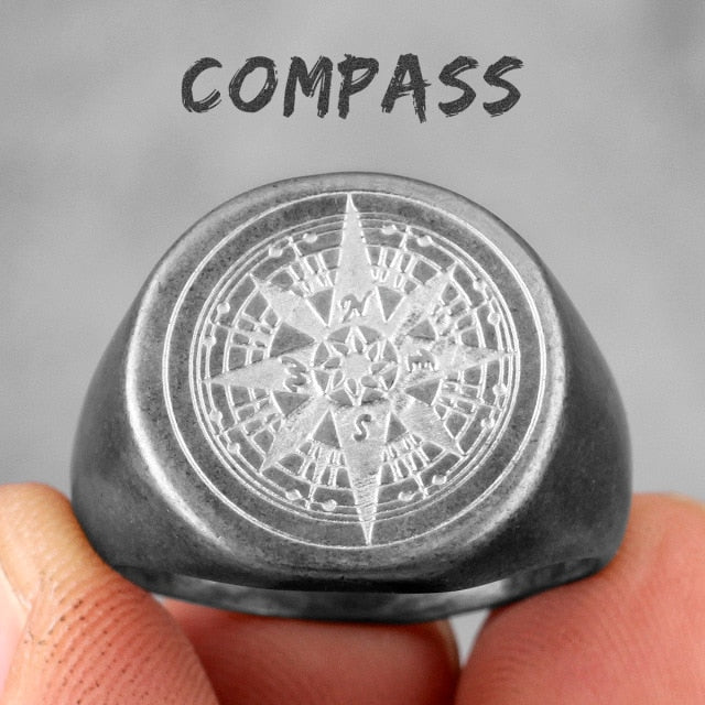Compass World Map Gold Black Men Rings