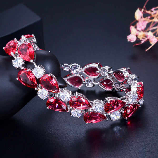 Round And Oval Red Cubic Zirconia Stone Women Large Bracelets Bangles
