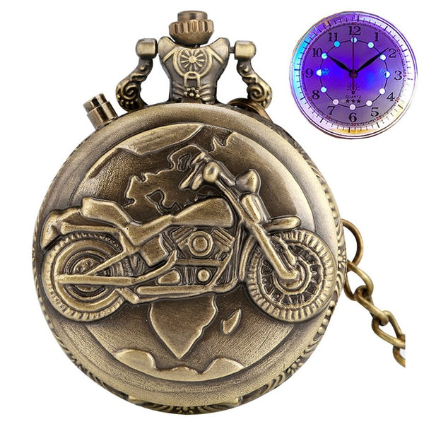 Reloj de bolsillo de cuarzo para motocicleta, con esfera LED luminosa de bronce